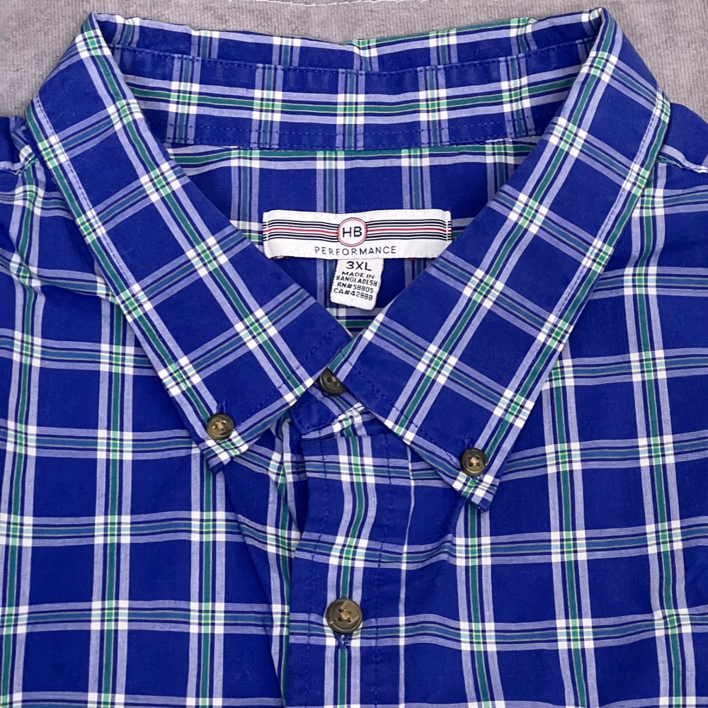 HB Performance Button Down Shirt Mens 3XL Blue Plaid Good Short Sleeve Pocket